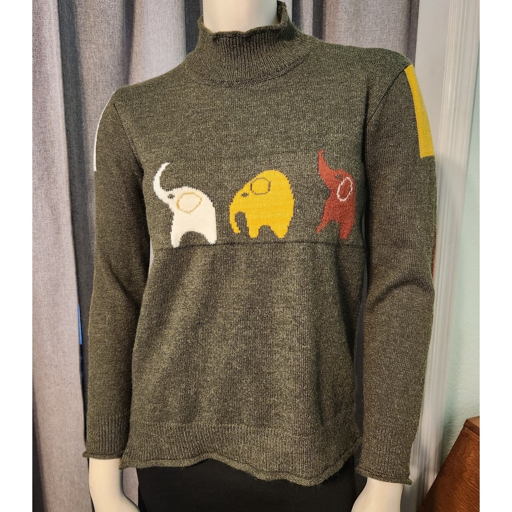 Nana L Three Elephant Print High Neck Olive Green Sweater Whimsical‎ Made Korea